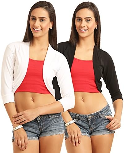 Women's/Girls Cotton Casual Cold Shoulder Sleeves Front Open Shrugs (Small-3XL) Pack of 2