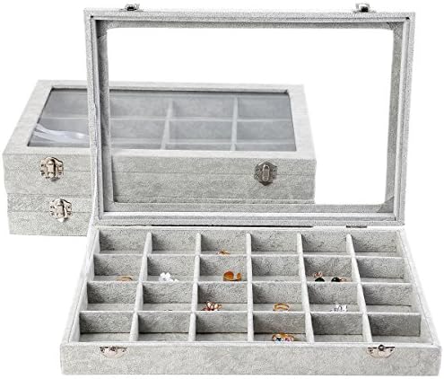 MyshineStyle Accessories Organizer Display Ice Velvet Covered Clear Glass Top Stackable Jewelry Storage Boxes Case,1 Piece (24 Grid)