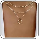 Erimberate Bohemian Layered Circle Pendant Necklace Gold Paperclip Link Chain Necklace Geometric Hollow Circle Choker Necklace Multi Layered Cutout Hoop Necklace Jewelry for Women