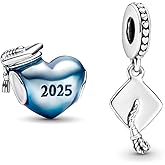 HuooNew 925 Sterling Silver, Graduation Series 2025 Heart, Mortarboard Charm Fit European Bracelet Make Fashion Jewelry Gift for Women