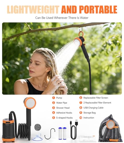 Portable Camping Shower, 8000mAh Portable Shower Pump Underwater Shower USB Rechargeable LCD Display, IPX8, for Camper, Travel, Beach, Pets