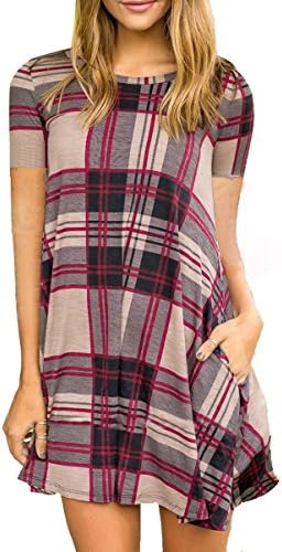 Sunfury Women Buffalo Plaid T-Shirt Dress Loose Fit Casual Short Sleeve Long Tops Beige XL
