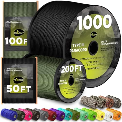 TECEUM Paracord Tipo III 550 Negro – 60 m – 4mm – Cuerda Táctica MIL-Spec – Equipo y Suministros de Camping, Senderismo y Pesca – Cuerda Paracaídas EDC – Cuerda de Supervivencia Fuerte(200ft) 016