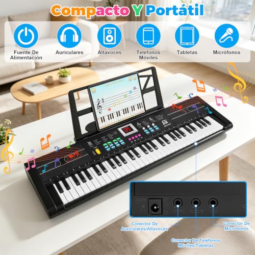 Teclado Musical, 61 Piano Digital para Niños, Incluye Micrófono y Atril Teclas Piano Eléctrico Altavoces Duales Piano Digital Adecuado Teclado Piano para Niños, Niñas Principiantes (Negro)