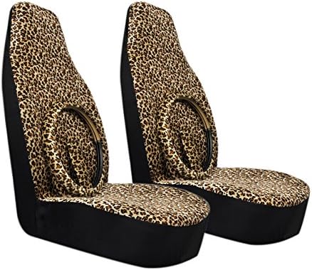 High Back Bucket Seat Covers 2pc Set Leopard Animal Print Integrated Universal - Front Driver & Passenger Seats - Lion Orange (Black&Brown)