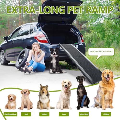 RUBLELITIE - Rampa para perros para coches, SUV, camión, 17.3 x 71 pulgadas, resistente plegable, amplia escaleras para mascotas con superficie antideslizante, diseño plegable portátil para perros