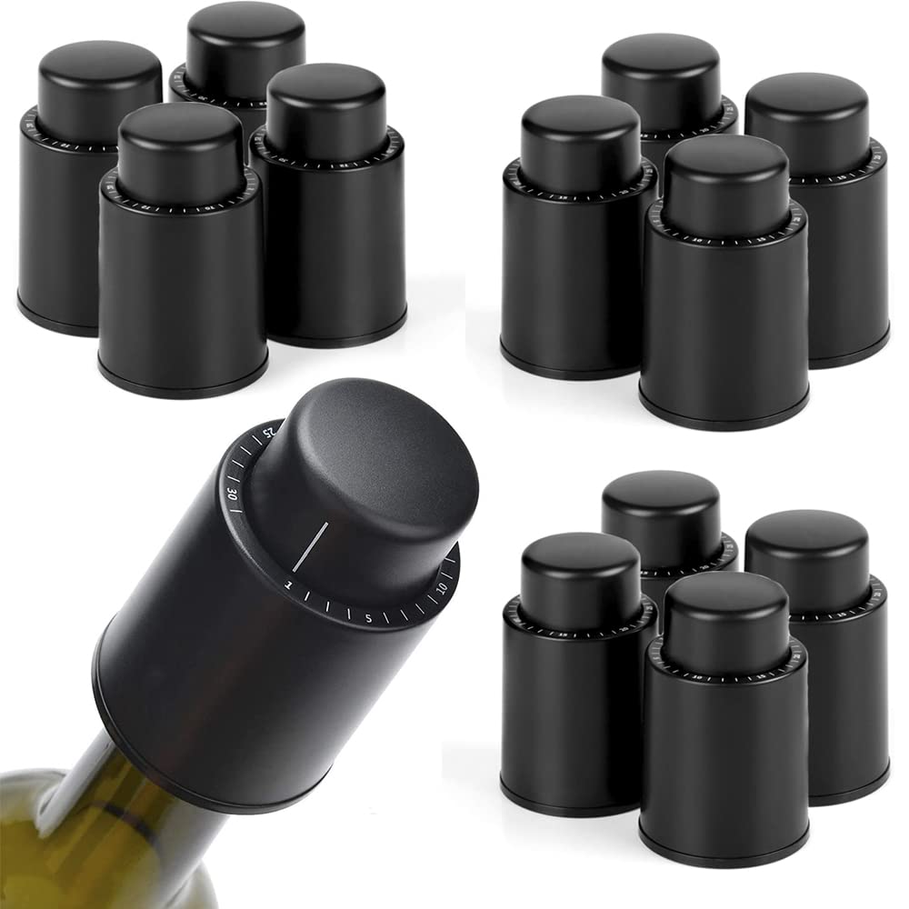 Loboo Idea Wine Pump Vacuum Stoppers, Wine Savers Vacuum Pump Stoppers for Glass Bottles (12pcs/Box, Black)