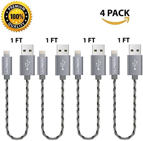 Lightning to USB iPhone Cable 4 Pack, Ulreon Short 1ft High Speed Fast Charging Sync Data 2.4A Durable Nylon Braided Cord for iPhone X / 8 / 8 Plus / 7 / 7 Plus / 6 / 6 Plus / 5S Ipad Air Ipod (Grey)