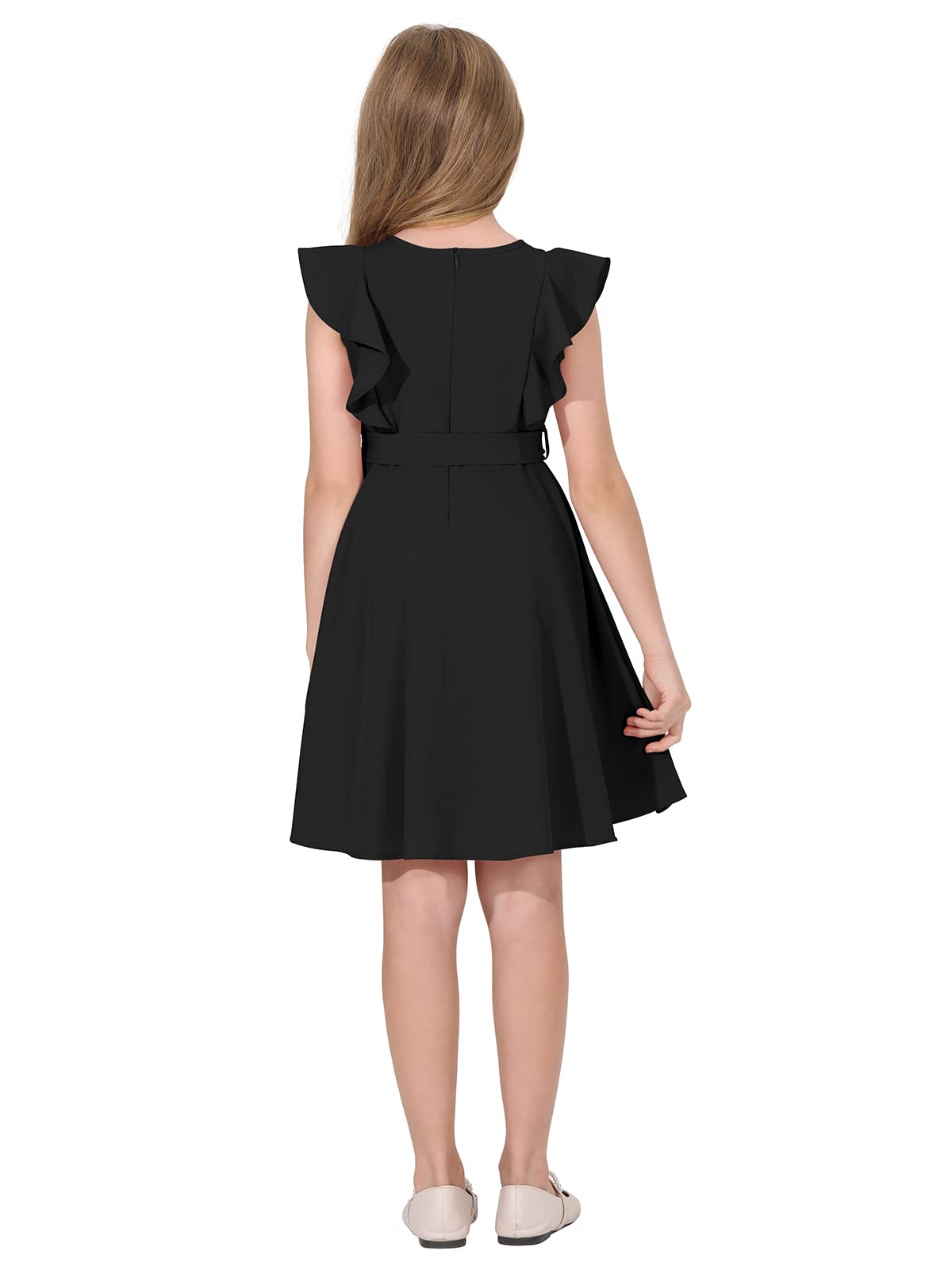 Quedoris Girls Ruffle Trim Dress Print and Solid Color A-line Swing Flared Belted Casual Party Dress with Zipper
