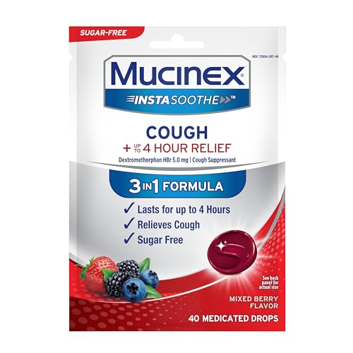 MUCINEX INSTASOOTHE SUGAR FREE COUGH DROPS, COUGH MEDICINE FOR ADULTS WITH DEXTROMETHORPHAN HBR, NON MENTHOL COUGH DROPS, COUGH SUPPRESSANT LOZENGES, MIXED BERRY MEDICATED COUGH DROPS, 40CT