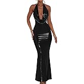 Memoriesea Women's Luxury Metallic Halter Neck Bodycon Party Evening Gown Maxi Dress