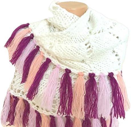 Knit White Shawl Scarf with Fringe