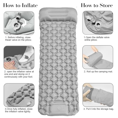 Sleeping Air Pad for Camping Inflatable Sleeping Mattress with Pillow | Self Inflating Sleep Mat Ultralight Compact Mattress Bed Cushion for Backpacking Hiking Car Traveling Beach Tent Single Grey