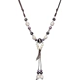 Zlanderah Boho Ceramic Bead Y-Necklace for Women, Adjustable Cord Statement Necklace with Zinc Alloy Leaf Pendant, Handmade Purple White Bohemian Jewelry for Festival and Casual Wear