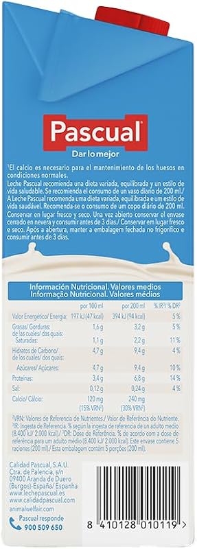 Pascual - Pascual Leite meio gordo - Bem-estar animal - Pack 6 x 1 L