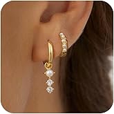 Poaiiu Gold Hoop Earrings for Women，Chunky 14k Gold Plated Trendy Cz Pearl Dangle Huggie Earring Stacks Set Clover Cherry Stud Dainty Twisted Wave Ear Cuff Jewelry Valentines Day Gifts for Her