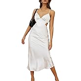 Women's Fall Satin Backless Maxi Dress Silk Cut Out V Neck Slip Tie Back Formal Cocktail Midi Dresses for Wedding Guest