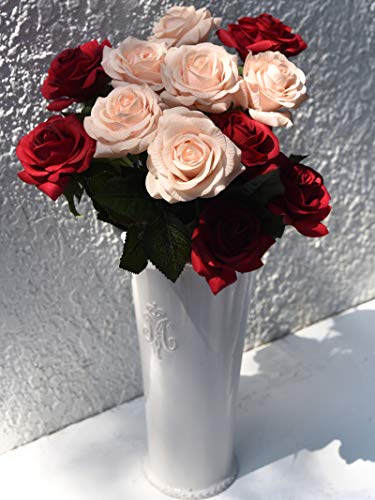 FiveSeasonStuff Fake Roses Wedding Flowers Real Touch Silk Enchanting Rose Mix Artificial Flowers (Dark Red, Champagne Pink) 12 Stems