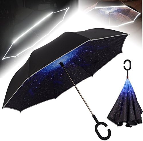 Double Layer Unique Inverted Vehicle Reflective Safety Car Umbrella (Black,Starry Sky)