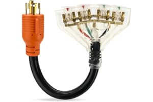 NVKABVY 30 Amp to 110 Adapter RV Cord, 30 Amp to 20 Amp Adapter, l14-30P Male to 4X 5-15R/5-20R T-Blade Household Outlet Female with Lighted Power Indicator UL Listed (L14-30P to 4X5-15R/5-20R)