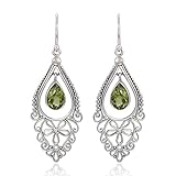 925 Sterling Silver Bali Filigree Chandelier Design w/Green Peridot Dangle Earrings
