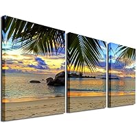 Mon Art Beach Canvas Print Sea Landscape Picture Wall Art Coco Tree at Sunset Tropical Summer Scene Artwork Modern Decoration for Bathroom Bedroom Living Room Home Decor 12"X16"3 Pcs Set,Framed