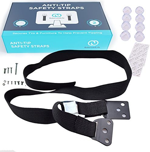 Furniture Wall Straps and Childproof Corners Set | Anti-Tip, Earthquake Resistant Adjustable TV Strap kit | Durable Metal Anchors and Full Hardware Mounting Kit | Soft Edges - Set of 8 | BalancedLife