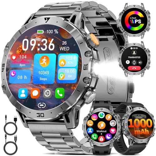 Men's Military Smart Watch, 1.7 Inch Smartwatch with 1000 mAh, 3 Bracelets + 2 Chargers, Bluetooth Calling, LED Lamp, 110+ Sports Modes/IP68, Heart Monitoring/Sleep Monitoring, Android/iOS EF18-A