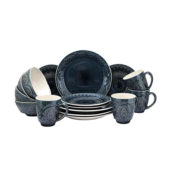 Elama Decorated Round Stoneware Deep Embossed Dinnerware Dish Set, 16