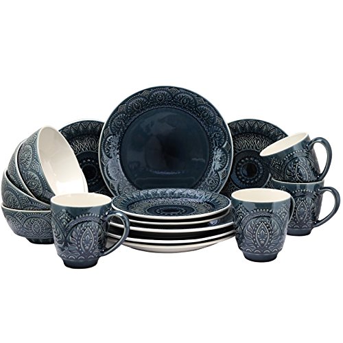 Elama Decorated Round Stoneware Deep Embossed Dinnerware Dish Set, 16