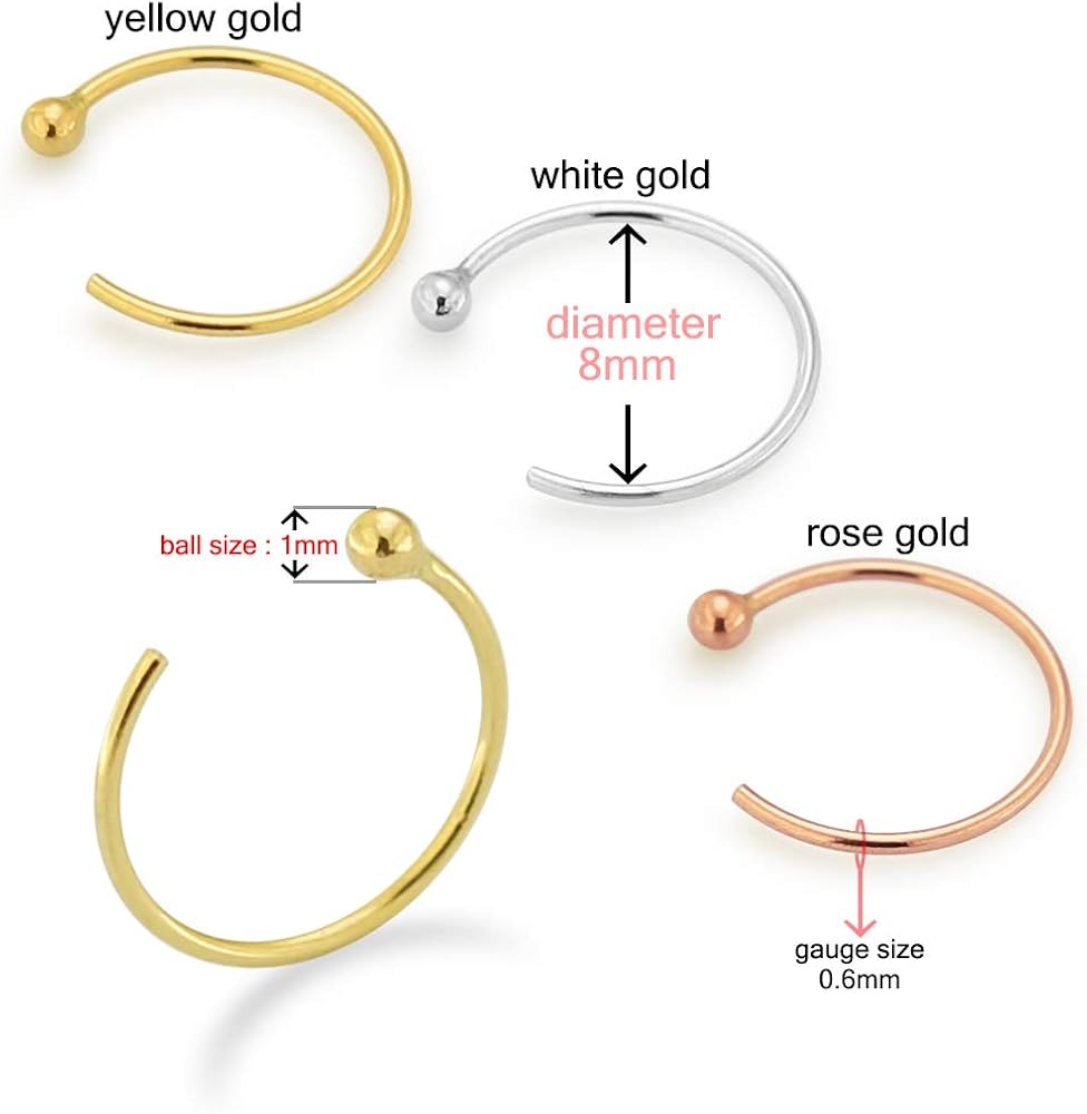 AZARIO LONDON 14K Solid Yellow Gold 22 Gauge - 8MM Diameter Ball End Open Hoop Nose Piercing Ring Jewellery - Image 3