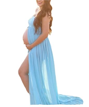Blue Maternity Off Shoulder Tube Chiffon Gown Split Front Strapless Blue Maternity Off Shoulder Tube Chiffon Gown Split Front Strapless