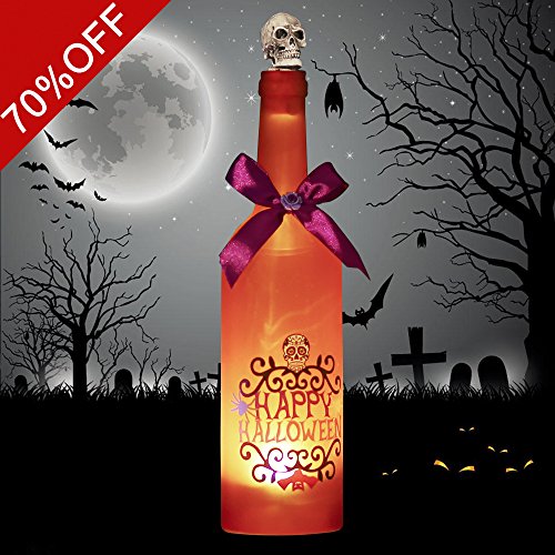 Valery Madelyn Novelty LED Wine Bottle with Ghost Laughter and Spooky Skull Cork for Bar,Party, Home ,Halloween, April Fool’s Day,Gifts for Children,Battery Operated and Touch Activated (Orange)