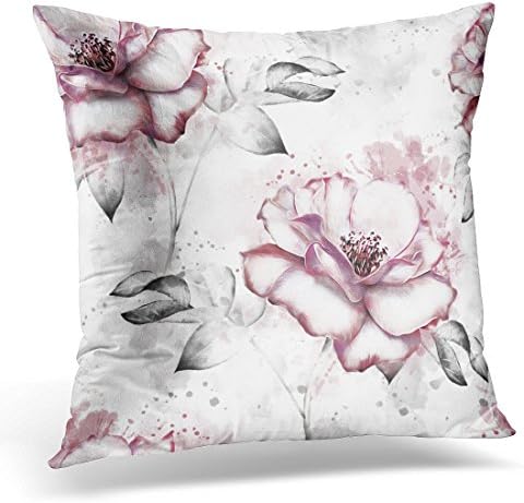 Sdamas Decorative Pillow Cover Pink Flowers and Leaves on White Watercolor Floral Pattern Rose in Pastel Color Design Splash Paint Throw Pillow Case Square Home Decor Pillowcase 16x16 Inches