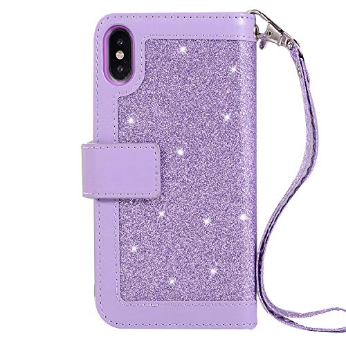 Shinyzone Wallet Phone Case for iPhone Xs with 9 Card Slots,iPhone X Glitter Leather Case with Zipper Pocket,Fashion Design with Hand Strap Magnetic Stand Flip [Dual Folio] Cover,Purple - Thumbnail 2