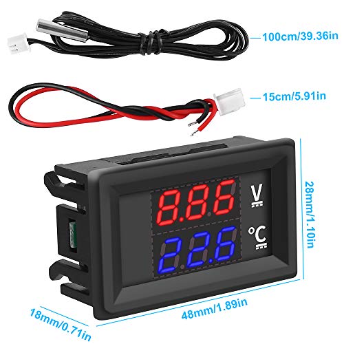 Icstation Temperature Gauge with Sensor, DC 4V 9V 12V 24V 28V Digital Thermometer with Dual Degrees Celsius Color LCD Display, -50 to +125 Celsius, Waterproof NTC Temperature Sensor Probe Thermometer