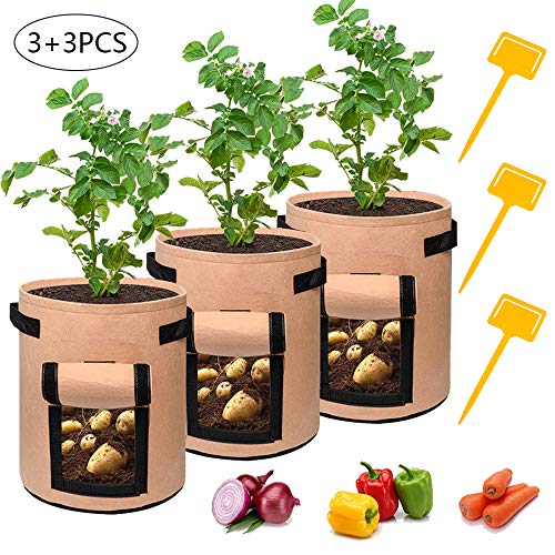 westbestar Potato Grow Bags, 3 Pack Potato Growing Bags, 7 Gallon Velcro Window Vegetable Grow Bags, Double Layer Premium Breathable Non-Woven Cloth, with 3 Pcs Plant Label