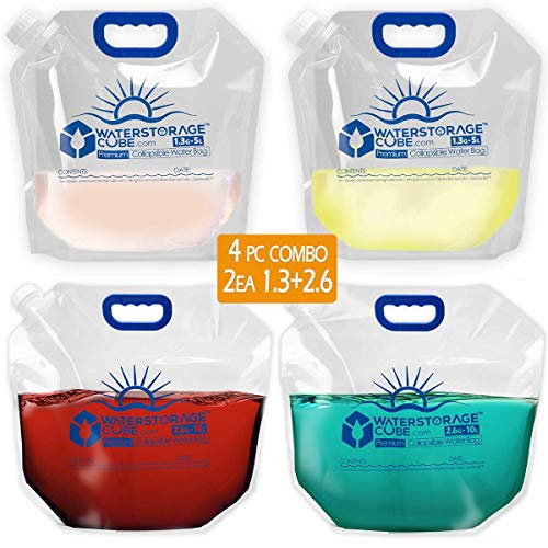 WaterStorageCube Premium Collapsible Water Container Bag, BPA Free Food Grade Clear Plastic Storage Jug for Camping Hiking Backpack Emergency, No-Leak Freezable Foldable Water Bottle - 2EA 1.3G 2.6G
