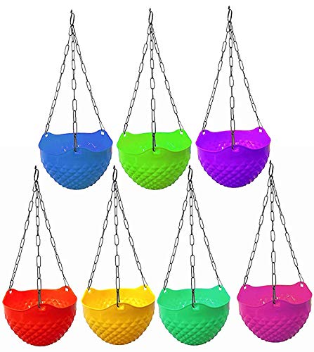 VIMIFORYOUMulticolored Round Plastic Hanging Pots/Hanging Planters with Metal Hanging Chain (Set of 7) (8.5 x 5.8 Inch)