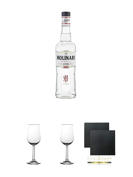 Molinari Sambuca 0,7 Liter + 2 Bugatti Nosing Gläser mit Eichstrich 2cl und 4cl + 2 Schiefer Glasuntersetzer eckig ca. 9,5 cm