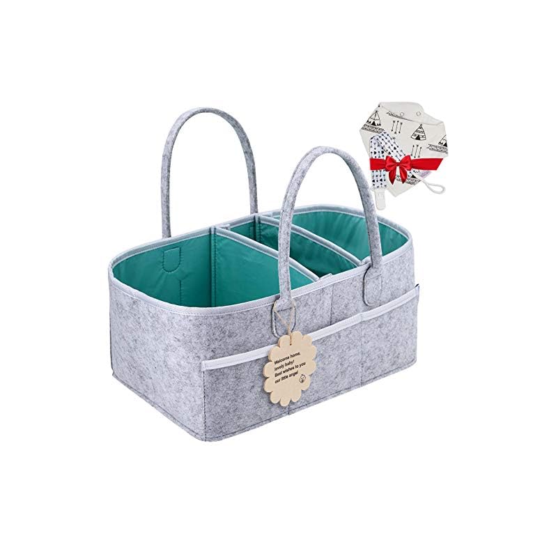 Baby Diaper Caddy Organizer – Shower Registry Gift Basket with Pacifier Clips, Bibs for Newborn – Caddy Nursery with…