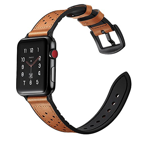 Hybrid Band for Apple Watch, Vintage Top Grain Leather Bands Replacement Straps Sweatproof with Stainless Steel Clasp for iWatch Series 3,Series 2,Series 1,Sport, Edition (Brown with dot, 42mm)