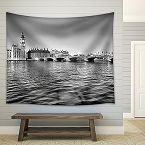 Westminster Bridge Panorama View in London, UK - High Dynamic Range HDR - Black and White - Fabric Wall Tapestry Home Decor - 51x60 inches
