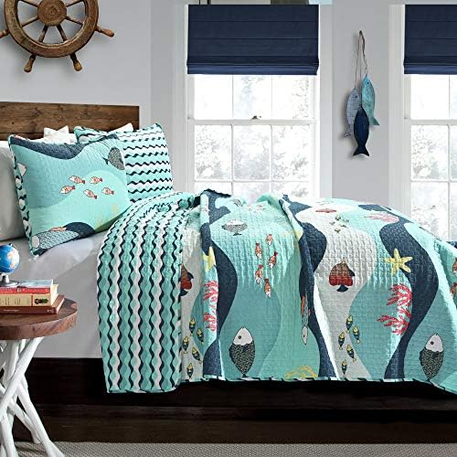 Blue ocean-themed quilt set with fish design, made of 100% cotton, priced at $67.99.