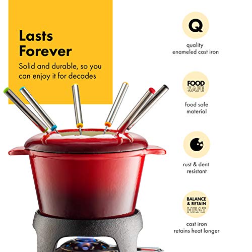 Klee 12-Piece Cast Iron Fondue Set with Red Fondue Pot, 6 Fondue Forks, Fondue Burner and Fondue Pot Base, 44 oz - Thumbnail 5