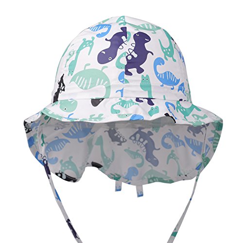 Flammi Baby/Toddler Flap Sun Hat with Chin Strap Adjustable Cartoon Dinosaur Printed Hat Cap Sun Protective Swim Hat (6-12 Months, White)