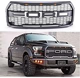 Achoc REPLACEMENT 2015-2017 Matt Black Raptor style Grill Kit For F-150 Raptor Conversion Letter Grille With Amber LED Lights / Letters F&R