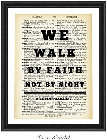 We Walk By Faith Vintage Dictionary Art Page Print Poster Upcycled Antique Old Christian Religious Scriptural Bible Verse Motivational Inspirational Dorm Office God Prayer Wall Room Decor (8 x 10)