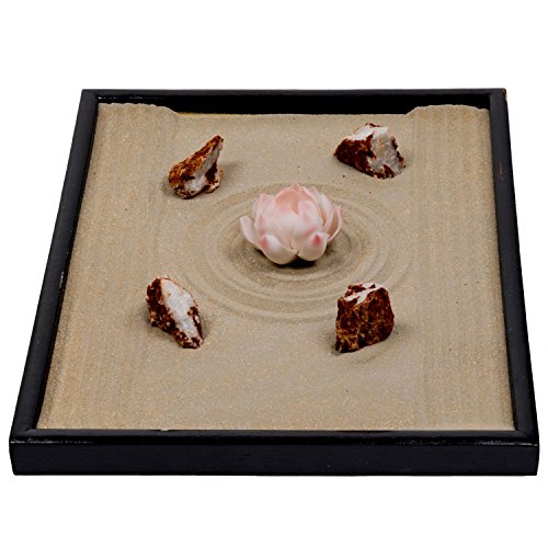 ICNBUYS Zen Garden Pink Ceramics Lotus Special 4 pieces of Red White Stones Dark Ochre Sand and Free Rakes and Pushing Sand Pen Base Tray Dimensions 10 x 0.4 x 7 inches