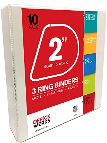 3 Ring Binders, 2 Inch Slant-D Rings, White, Clear View, Pockets - 10 Pack